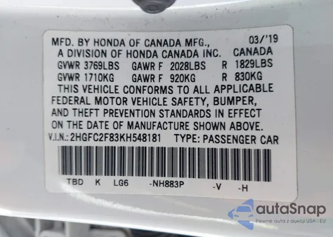 2019 Honda Civic Sport из США, поврежденный, VIN 2HGFC2F83KH548181